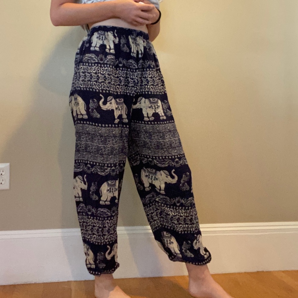 Purple elephant pants, light material with elastic pant cuffs.